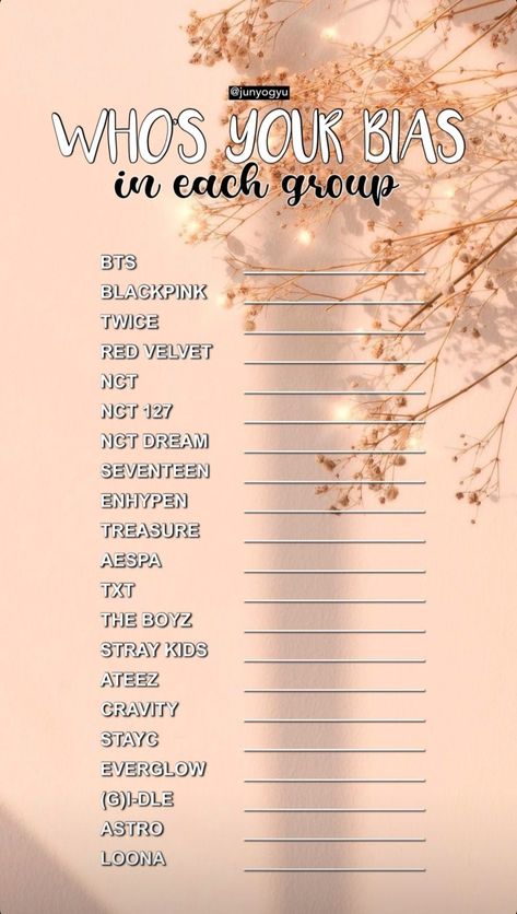 Kpop Challenge Template, Kpop Things To Do When Bored, Kpop Bias Template, Kpop Games Templates, Kpop Groups Names List, Kpop Activities, Kpop Questions, Kpop Games, Kpop Template