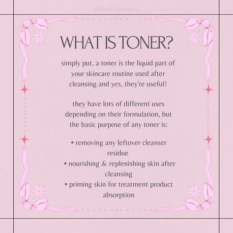 "what does toner actually do?" 🤔 I get this question aaall the time at my beauty retail job, and until I started esty school, I would usually reply with an apologetic "I'm not really sure" 😭 there are so many types of toners nowadays and the product has evolved a lot since the days of normally referring to using straight witch hazel, so imo it's valid to be confused 😵‍💫 toners, while not 100% necessary for everyone, can be a very beneficial part of a good skincare routine, so I wanted to d... When To Apply Toner To Face, What Does Toner Do, Toner Benefits, Retail Job, Beauty Retail, A Good Skincare Routine, Good Skincare Routine, Beginner Skin Care Routine, Good Skincare