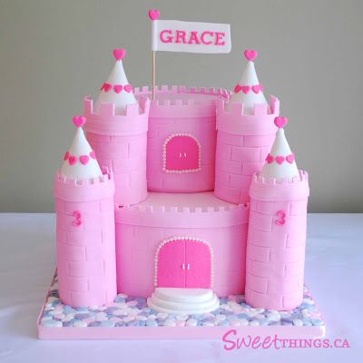 SweetThings: 3rd Birthday Cake: Pink Castle Cake Lovely girls princess castle cake Fairy Castle Cake, Pink Princess Cakes, Princess Theme Cake, Castle Birthday Cakes, 3d Birthday Cake, Princess Castle Cake, Minion Birthday Cake, Girls 3rd Birthday, Princess Birthday Cake