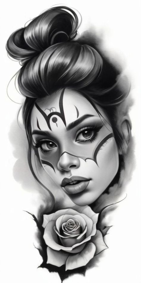 PAYASA GIRL FACE ROSE TATTOO DESIGN Face Rose Tattoo, Half Sleeve Tattoos Sketches, Lion Art Tattoo, Chicano Tattoos Sleeve, Catrina Tattoo, Rose Drawing Tattoo, Mexican Art Tattoos, Chicano Lettering, Girl Face Tattoo