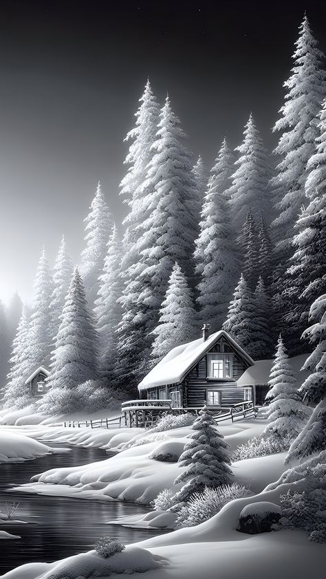 #winter #landscape #snow #trees #frozen #river #serene #monochromatic #wallpaper #wallpapers #iPhone #nature #moonlight #glow #wonderland #house Black And White Winter Scene, Rain Paintings, Wonderland House, Monochromatic Wallpaper, Frozen River, Landscape Snow, Winter Drawings, Snow Trees, Whimsical Art Paintings