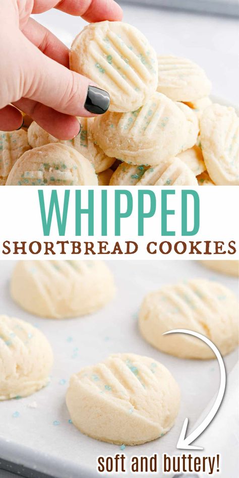 Best Whipped Shortbread Cookies, Whipped Short Bread Cookies Easy, Drop Shortbread Cookies, Soft Shortbread Cookies, Whipped Cookies, Whipped Shortbread Cookie Recipe, Whipped Shortbread Cookies Christmas, Whipped Shortbread, Cool Whip Cookies