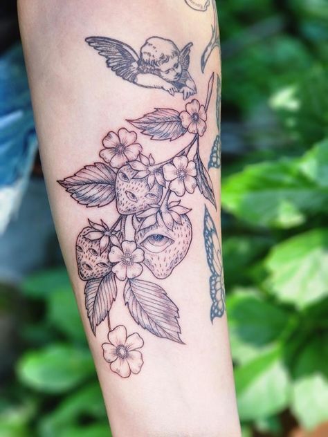 hand drawn custom piece …strawberry plant with a trippy look Leaf Cover Up Tattoo, Eyeball Tattoo, Strawberry Tattoo, Basic Tattoos, Eyes Tattoo, Goth Tattoo, Up Tattoo, Vine Tattoos, Creepy Tattoos