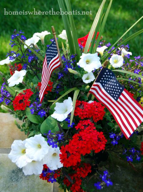 A glorious Forth of July flower arrangement bursting with color!  Proudly hailing its patriotism with a combination of  white petunias, red verbena, and blue lobelia. Red Verbena, White Petunias, Blue Lobelia, Red White And Blue Flowers, Blue Flowers Garden, Patriotic Flowers, Forth Of July, Container Gardening Flowers, White And Blue Flowers