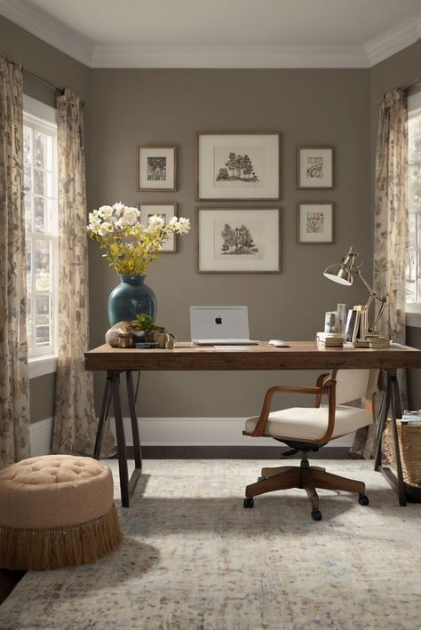 home office design, 

office interior design, 

neutral office decor, 

workspace color scheme Neutral Office Colors, Calming Office Colors, Neutral Office Paint Colors, Home Office Color Scheme, Monochromatic Office, Office Color Ideas, Taupe Office, Taupe Living Room, Productive Workspace