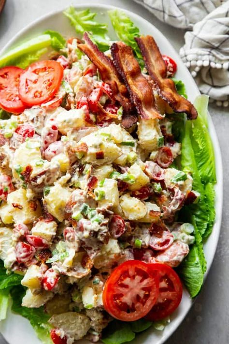 This BLT inspired potato salad has all the goodies you crave including hearty potatoes, savory crispy bacon, cherry tomatoes, green onions and a tangy dressing. Serve over salad greens to make it true to a BLT. Whole30 and paleo friendly. #paleo #whole30 #cleaneating #potatosalad Paleo Running Momma, Dinners Ideas, Potatoe Salad, Cauliflower Potatoes Salad, Roasted Potato Salads, Blt Salad, Paleo Sides, Bacon Potato Salad, Seasoned Veggies