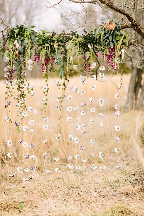 cheap boho decor bohemian backdrop suspended wild flowers erika lynn photography Bohemian Backdrop, Bohemian Style Wedding, Flower Curtain, Flowers And Greenery, Wedding Ceremony Backdrop, Floating Flowers, Hanging Flowers, Wildflower Wedding, Ceremony Backdrop