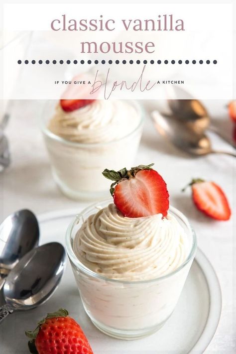 Looking for a dessert that you can make ahead of time? Try this simple vanilla mousse. It has a delicious vanilla bean flavor with a light and fluffy texture. It’s the perfect dessert for small dinner parties! Vanilla Mousse Recipe, Moose Dessert, Vanilla Bean Mousse, Vanilla Bean Recipes, Mousse Recipes Easy, White Chocolate Shavings, Vanilla Mousse, Homemade Custard, Easy Treat