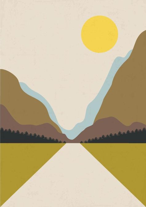 Vector minimalistic aesthetic landscapes with mountains and road. Boho wall print decor in flat style. Mid century modern minimalist art and design Landscape Flat Design, Flat Vector Art, Road Illustration Design, Mountain Illustration Simple, Flat Aesthetic, Aesthetic Landscapes, Flat Design Ideas, Tufting Ideas, Modern Minimalist Art