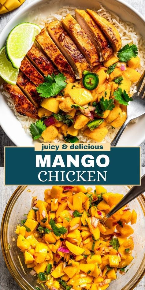 This fresh and delicious Mango Chicken is prepared with chicken breasts marinated in a sweet, smokey, citrusy sauce, cooked in a hot pan, and served with a spicy mango salsa. Mango Jalapeno Chicken, Pineapple Mango Chicken, Thai Mango Chicken, Spicy Mango Chicken, Mango Chili Chicken, Mango Habanero Chicken, Chicken With Mango Salsa, Diethood Recipes, Mango Chicken Recipes