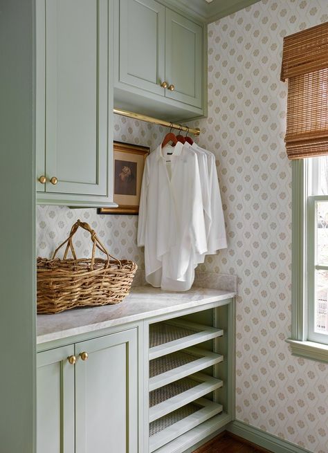 Kitchen, Breakfast & Laundry Rooms — Anne Anderson Home Cottage Laundry Room, Laundry Room/mudroom, Laundry Nook, Laundry Room/mud Room, Green Laundry, Laundry Room Wallpaper, Mudroom Laundry Room, Laundry Cabinets, Laundry Room Renovation