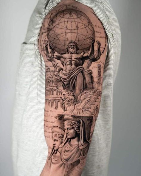 17. A big and bold Atlas tattoo Tattoo Ideas Greek Mythology, Atlas Tattoos, Greek Mythology Tattoo Ideas, Ancient Greek Tattoo, Geometric Tattoo Sleeve Designs, Greek God Tattoo, Atlas Tattoo, Mandala Hand Tattoos, Girl Face Tattoo