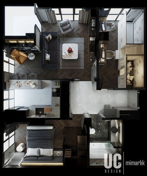 Small Apartment Floor Plans, Architectural Blueprint, Apartemen Studio, 2d Floor Plan, 3d Floor Plans, 3d Floor Plan, House Floor Design, Small Apartment Design, Apartment Floor Plans