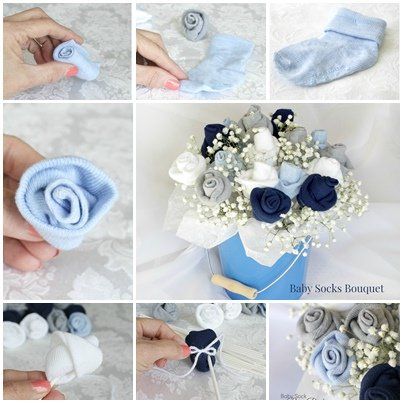 A Baby Socks Rose Flower Bouquet is a wonderful and creative baby gift idea. It's simple to make your own bouquet in a sweet handmade keepsake container. Cupcake Onesies, Baby Socks Flowers, Baby Socks Roses, Diy Baby Socks, Creative Baby Gifts, Baby Sock Bouquet, Baby Bouquet, Nappy Cakes, Diy Baby Shower Gifts