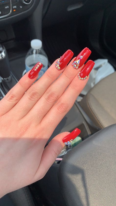 #red #rednails #gem #gems #gemnails #rhinestonenails #redweddingnails #weddingnails #cherrynails #gemstonenails #longnails #acrylicnails #longacrylicnails Short Red Nails With Rhinestones, Red Nails With Gems Rhinestones, Red Nails With Gems, Red Wedding Nails, Nails With Gems, Short Red Nails, Cherry Nails, Red Jewel, Studded Nails