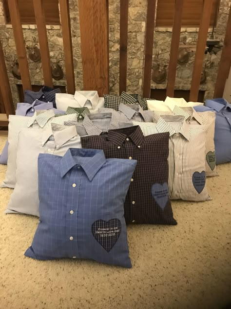 Shirts Made Into Pillows, Memory Pillow Shirt, Shirt Memorial Ideas, Memorial Pillows From Shirts Dads, Memory Cushion Ideas, Pillows Out Of Shirts, Memory Pillows Made From Shirts My Dad, Making Pillows Out Of Old Shirts, How To Make A Pillow Out Of A Shirt