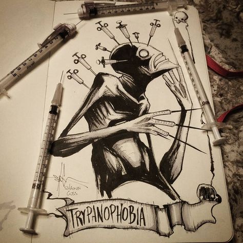 8,249 Likes, 192 Comments - Shawn Coss (@shawncoss) on Instagram: “Trypanophobia - day 2 of #inktober / #feartober . All month I'm creating art depicting a new…” Fear Of Needles, Shawn Coss, Art Sinistre, Horror Drawing, Creepy Drawings, Drawing Things, Emo Art, Cross Art, Dark Art Drawings