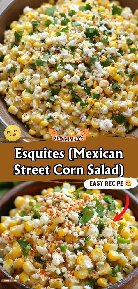 Experience the zesty and creamy goodness of Esquites, a Mexican Street Corn Salad that's bursting with flavors of lime, cotija cheese, and a touch of chili. A perfect side for any fiesta! #MexicanStreetCorn #Esquites #FiestaFlavors Cojita Corn Salad, Cotija Corn Salad, Tostada Sides, Mexican Party Side Dishes, Easy Street Corn Salad, Recipes With Cotija Cheese, Mexican Corn Salad Recipe Easy, Authentic Mexican Side Dishes, Esquites Salad