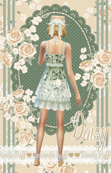 Vanilla Puff Original Sets ♡ DAISY ♡ Vanilla Puff Sims 4 Original Mesh Set – @vanillapuffcc on Tumblr Sims 4 Cc Gardener Outfit, Sims 4 Cc Babydoll Dress, Sims 4 Cc Floral Dress, Sims 4 Cc Flower Dress, Sims 4 Cottage Core Cc Furniture, Sims Cottage Core Cc, Sims 4 Babydoll Dress, Sims 4 Cottage Clothes, Sims 4 Cottage Core Cc Clothes