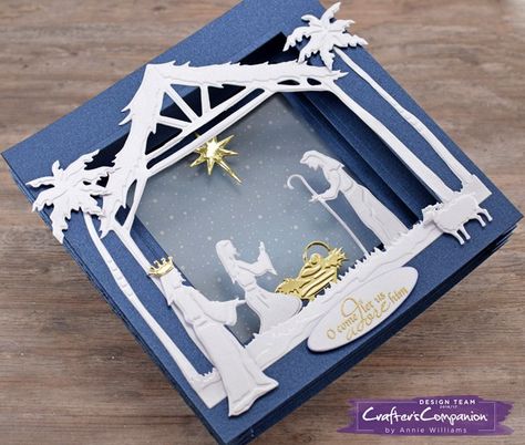 Annie Williams, Crafters Companion Christmas Cards, Nativity Cards, Nativity Christmas Cards, Cuttlebug Cards, Die Cut Christmas Cards, Folding Hacks, Christian Christmas Cards, Religious Christmas Cards