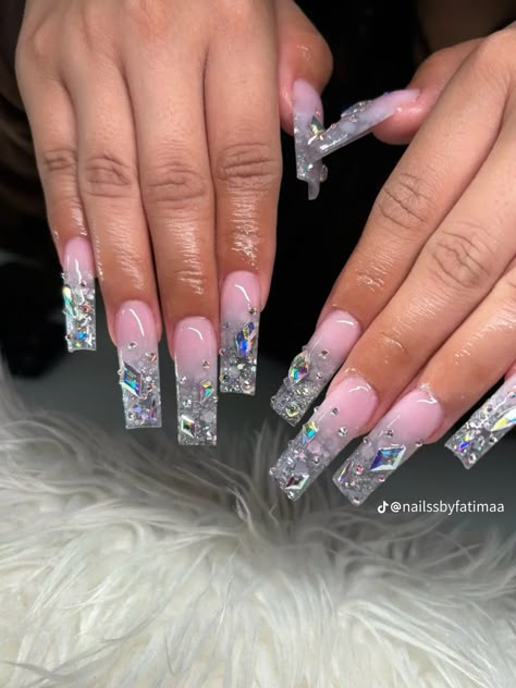 Bling Ombre Acrylic Nails, Pink Silver Prom Nails, Ombre Stones Nails, Bling Ombre Nails, Glitter Ombre Nails With Rhinestones, Diamond Ombre Nails, Clear Junk Nails, Birthday Nail Freestyle, Silver Bday Nails