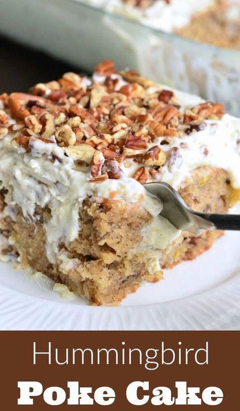 Hummingbird Poke Cake. This version of a Hummingbird cake is so easy and extra moist from a layer of sweet, creamy sauce. #hummingbirdcake #pokecake #bananacake #cake Hummingbird Poke Cake, Banana Nut Cake, Unique Sweets, Trendy Recipes, Hummingbird Cake Recipes, Hummingbird Cake, Crocheted Doilies, Poke Cake Recipes, Poke Cakes