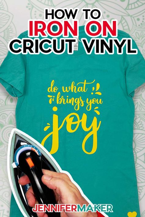 Learn how to iron on Cricut vinyl with a home iron to create custom t-shirts and other projects without a fancy heat press! Iron On Vinyl With An Iron, How To Apply Iron On Vinyl Cricut, How To Iron On Vinyl Cricut, How To Do Iron On Vinyl With Cricut, Cricut Iron On Ideas Free Printable, Iron On Cricut Tutorial, Iron On Letters Shirt Diy Ideas, Iron On Vinyl Cricut T Shirts Ideas, Cricut Iron On Tutorial