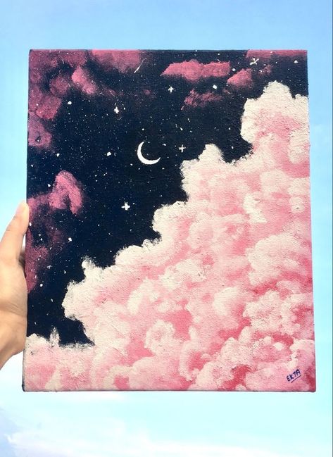 Moon And Clouds Painting Acrylic, Mini Canvas Moon Painting, Easy Moon Canvas Painting, Art Inspo Acrylic Canvas, Painting With Purple Background, Astronomy Painting Easy, Moon Paintings Acrylic, Pink Acrylic Painting Ideas, Canvas Painting Ideas Moon