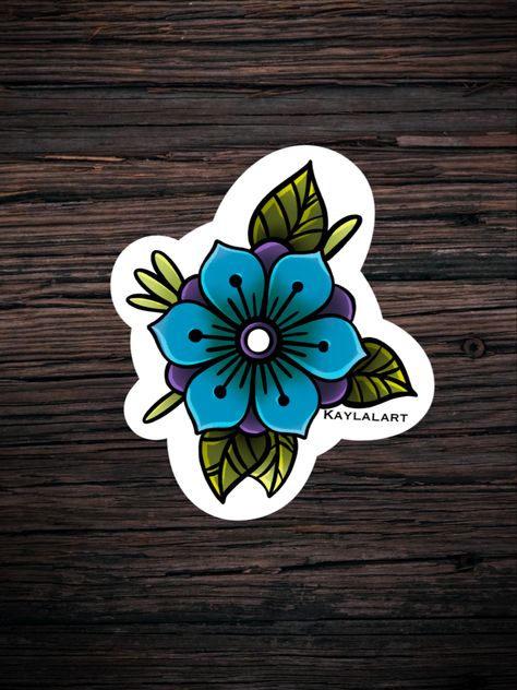 Flower American Traditional, Purple Flower Sticker, Blue Flower Sticker, Traditional American Tattoo, Rose Tattoo Cover Up, Purple Flower Tattoos, Blue Flower Tattoos, Old School Rose, Violet Tattoo