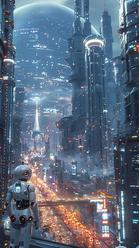 Futuristic City Gaze: A humanoid robot stands overlooking a bustling futuristic cityscape filled with glowing lights and towering skyscrapers. #futuristic #cityscape #robot #skyscrapers #illuminated #aiart #aiphoto #stockcake ⬇️ Download and 📝 Prompt 👉 https://ayr.app/l/F3Az Robot City, Futuristic Cityscape, Futuristic Robot, Twilight Sky, Humanoid Robot, Cyberpunk City, Owl Pet, Futuristic City, Urban City