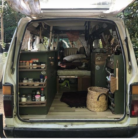 Van Life Set Up, Van Life Bookshelf, Realistic Van Life, Goth Van Life, Witchy Van Life, Van Living Interior, Van Aesthetic, Combi Hippie, Van Life Aesthetic