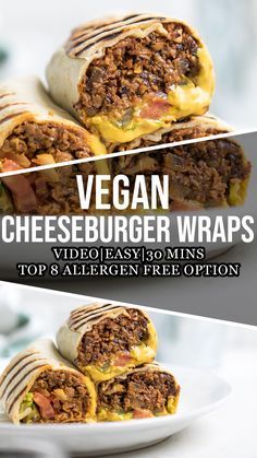 Vegan Cheeseburger, Wraps Vegan, Cheeseburger Wraps, Resep Vegan, Vegan Wraps, Vegan Main Dishes, Vegan Burgers, Tasty Vegetarian Recipes, Vegan Sandwich