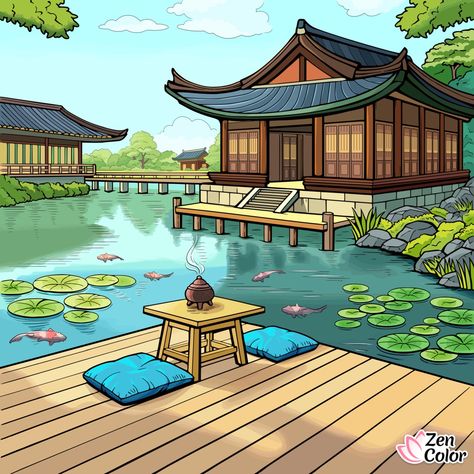 Japanese Garden Drawing, Be My Peace, Green Landscapes, Zen Colors, Garden Drawing, Quiet Beauty, Asian Architecture, Anatomy Sketches, Coloring Art