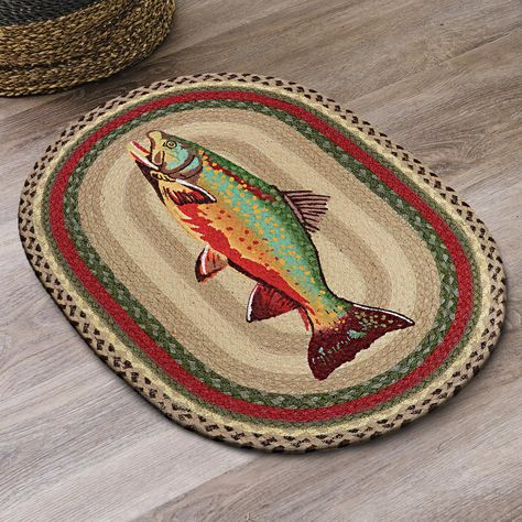 PRICES MAY VARY. 60 Day No Hassle Returns A Black Forest Decor Exclusive - A colorful hand-printed trout adds outdoor spirit to the braided 100% natural jute Trout Braided Rug. Measures 30"W x 20"L. Boys Outdoor Theme Bedroom, Rustic Cabin Decor Ideas, 70s Cabin, Rustic Switch Plates, Inn Ideas, Rustic Log Cabin Decor, Cabin Decor Diy, Cabin Decorations, Fish Nursery