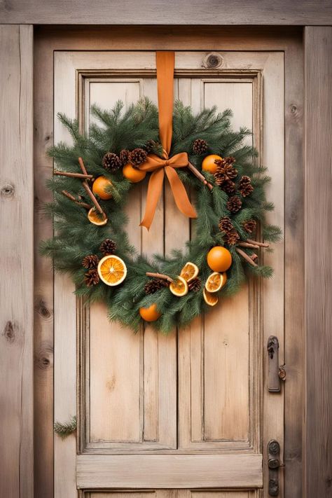 Unique Christmas Themes, Cinnamon Wreath, Diy Fall Wreath Ideas, Orange And Cinnamon, Fall Wreath Ideas, Cozy Living Room Decor, Orange Wreath, Christmas Wreath Ideas, Orange Christmas