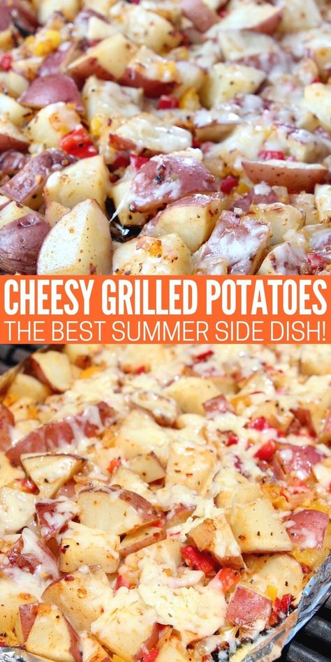 Black Stone Potato Recipes, Roasted Potatoes On Grill, Recipe Red Potatoes, Cheesy Red Potatoes, Sides Potatoes, Potato Meals, Grilled Potato Recipes, Grilled Red Potatoes, Blackstone Recipe