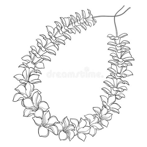 Vector outline Hawaiian lei necklace from tropical Allamanda flower and petal in black isolated on white background. vector illustration Lei Tattoo, Allamanda Flower, Tree Frog Tattoos, Cobra Tattoo, Flower Lei, Frog Tattoos, Hawaiian Lei, Flower Bunch, Pastel Purple