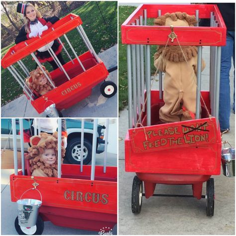 DIY Halloween baby toddler lion costume circus wagon cage ringmaster homemade wood pvc pipe Diy Halloween Baby, Circus Diy, Wagon Costume, Baby Lion Costume, Circus Halloween Costumes, Circus Wagon, First Halloween Costumes, Twin Halloween