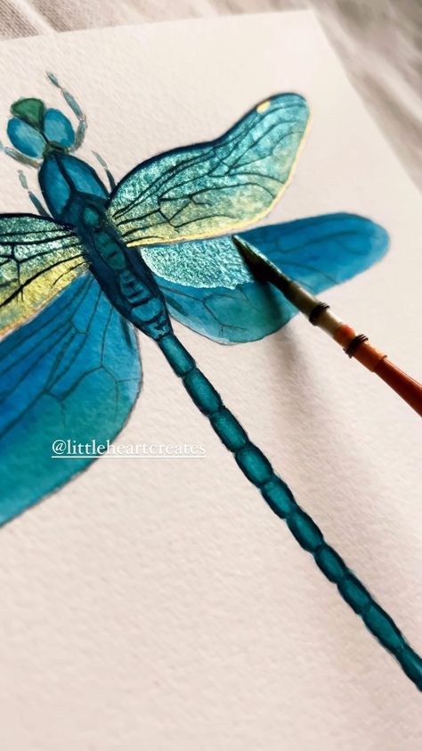 Butterfly love!! 💕 🦋 Fantasy! ✨️ 🧚‍♀️ . . . Metallic watercolor: @skrim_watercolors Brush: @kumgermany & Montemarte Paper: @cansonusa… | Instagram Mindful Aesthetic, Skrim Watercolors, Painting Dragonfly, Dragonfly Watercolor, Painting Butterflies, Watercolor Painting Easy, Dragonfly Artwork, Metallic Watercolor, Dragonfly Painting