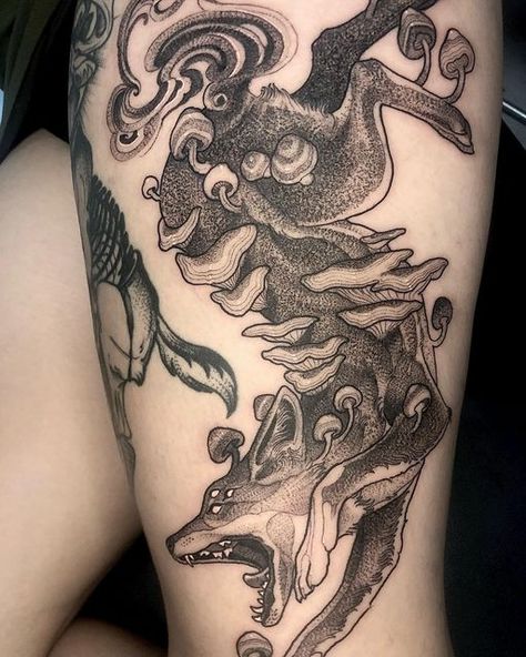 Decaying Fox Tattoo, Dark Thigh Tattoo, Dark Whimsical Tattoo, Fox Tattoo Thigh, Dark Fox Tattoo, Manga Style Tattoo, Canine Tattoo, Cute Wolf Tattoo, Dark Work Tattoo