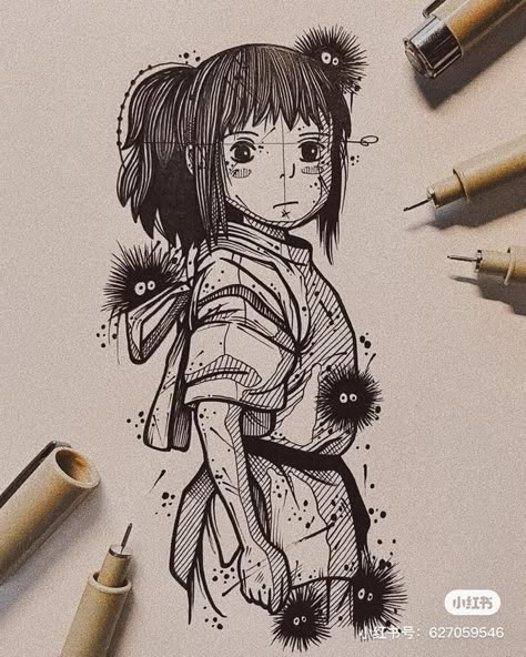 Stipple Anime Tattoo, Studio Ghibli Tattoo, Harry Potter Art Drawings, Ghibli Tattoo, Monster Hunter Art, Wolverine Art, Pen Illustration, Ghibli Artwork, Geometric Drawing