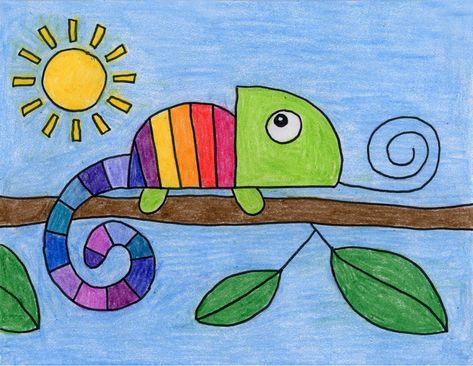 How do you draw a chameleon with all his intricate parts and coloring? If you are just starting out, this simple step by step version might work best. Cameleon Art, Drawing Pictures For Kids, Chameleon Art, Drawing Lessons For Kids, Art Projects For Kids, Drawing Activities, Easy Drawings For Kids, Kindergarten Art, Drawing Projects