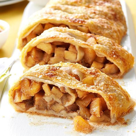 Caramel Apple Strudel Apple Strudel Recipe, Strudel Recipes, Apple Strudel, Caramel Topping, Puff Pastry Sheets, Puff Pastry Recipes, Ice Cream Toppings, Caramel Apple, Inspired Recipes