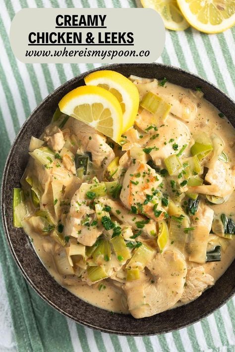 Enjoy a creamy chicken and leeks dish that is ready in just 30 minutes. Perfect for a cozy family meal, it pairs wonderfully with mashed potatoes or rice. Chicken And Leeks, Chicken And Leek Recipes, How To Clean Leeks, Leeks Recipe, Creamy Chicken Dish, Roasted Leeks, Chicken And Leek Pie, Leek Recipes, Healthy Entrees