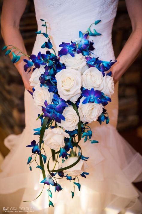 Blue And Purple Orchid Wedding, Royal Blue And Purple Bouquet, Galaxy Bouquet Bridal, Blue And Purple Bouquet Wedding, Royal Blue And Purple Wedding Theme Color Schemes, Purple Blue And White Wedding, Blue And Purple Wedding Decorations, Royal Blue And Purple Wedding Theme, Purple And Blue Bouquet