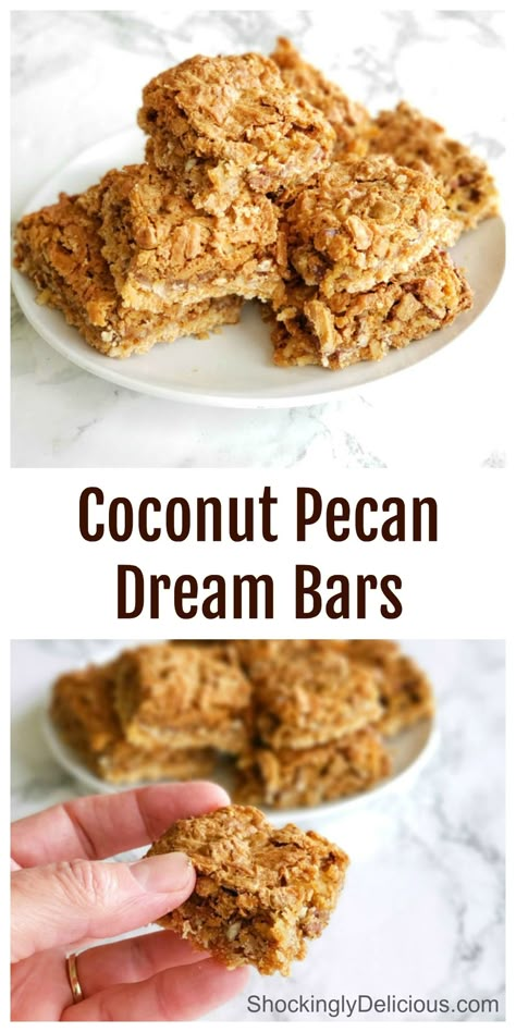 Coconut Pecan Dream Bars are for coconut lovers. A bit like a chewy little coconut chess pie in bar form, they'll make you swoon. #shockinglydelicious #springsweetsweek #coconutbars #sponsored Coconut Chess Pie, Pecan Dream Bars, Gluten Free Apple Pie, Chewy Caramel, Dream Bars, Chess Pie, Pecan Bars, Bars Chocolate, Fudgy Brownie