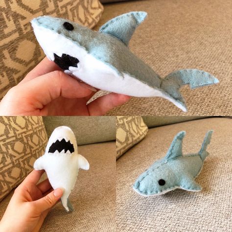 Felt Shark Pattern, Diy Shark Plush, Felt Plushie Ideas, Felt Design Ideas, Shark Diy Crafts, Felt Plushies Pattern, Shark Sewing Pattern, Shark Felt, Shark Diy