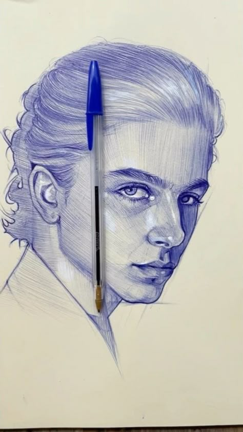 Colored Pens Drawing, Real Portrait, Biro Drawing, Biro Art, Ballpoint Pen Art, Pen Art Work, Blue Drawings, Pen Drawings, Pen Art Drawings