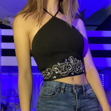 y2k beaded up-cycled halter top☆ ➛ tie up back and... - Depop Silver Crop Top, Skirt Leather, Message Me, Sweater Skirt, Sweatshirt Shirt, Halter Top, Jean Shirts, Casual Skirts, Blouse And Skirt