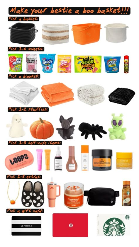 Love how I made this in June 😜 Orange Gift Basket, Halloween Things To Do, Boo Basket Ideas, Halloween Sleepover, Fall Gift Baskets, Making A Gift Basket, Halloween Gift Baskets, Cheap Halloween Decorations, Halloween Decoration Ideas